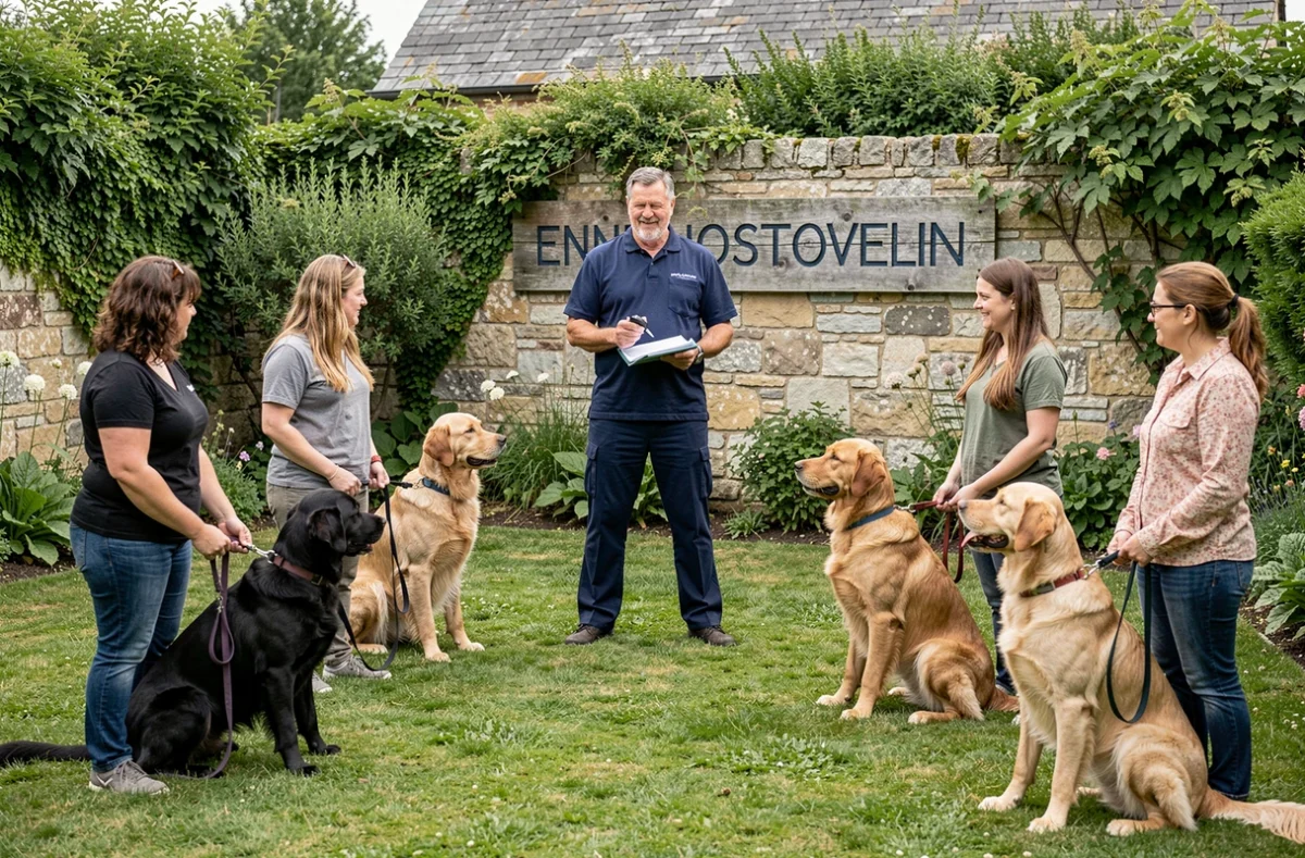 Séance collective d'éducation canine à l'École du Chien en Normandie avec plusieurs propriétaires et leurs chiens