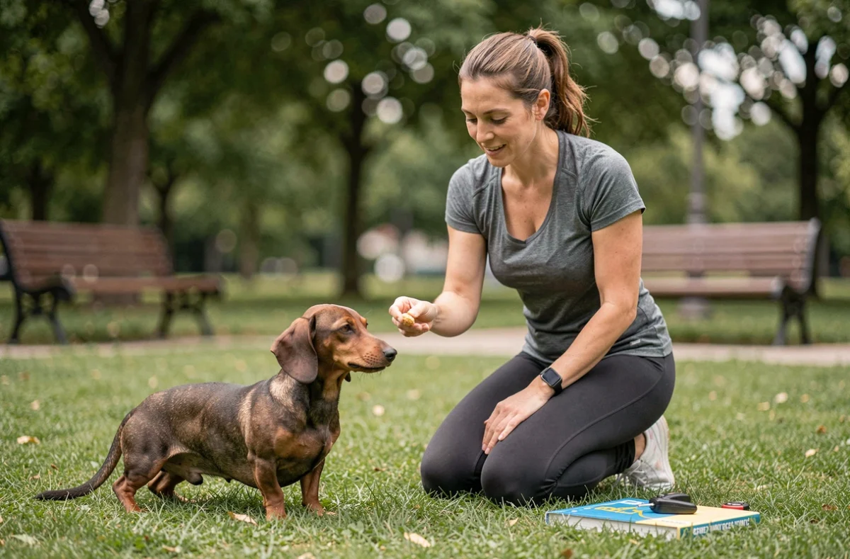 Une éducatrice canine tentant patiemment d'apprendre un ordre à un teckel qui l'ignore, illustrant la constance éducative requise