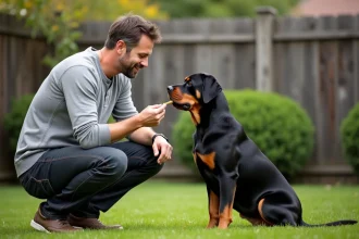 Homme en train d'éduquer un rottweiler dans un jardin, chien assis et attentif lors d'un exercice d'obéissance