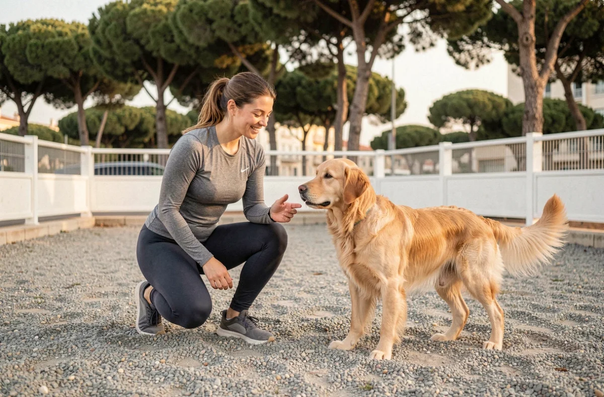 Éducatrice d'Eduq Dog guidant un golden retriever lors d'un exercice d'obéissance à Marseille