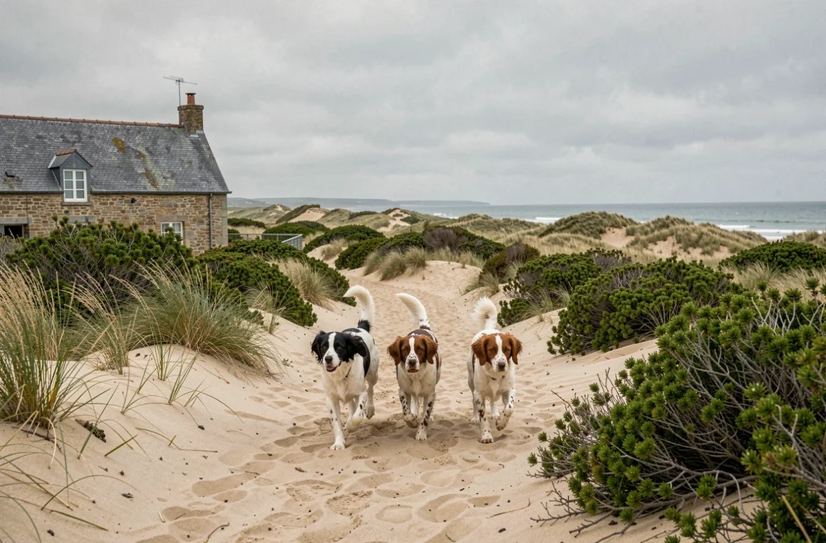Trois Épagneuls Bretons trottant sur un chemin sablonneux près des dunes de Keremma dans le Nord-Finistère, illustrant l'élevage des Dunes de Keremma