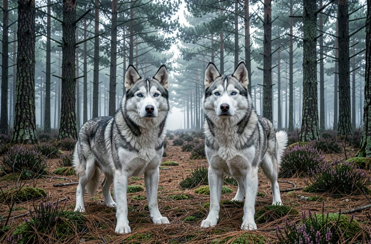 Deux Huskies de Sibérie aux yeux bleus dans une clairière de forêt bretonne, illustrant l'élevage des Légendes Nordiques spécialisé dans cette race en Bretagne