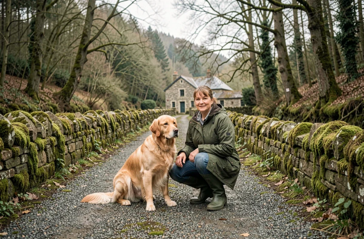 Une éleveuse bretonne avec deux Golden Retrievers dans la vallée du Léguer près de Plounévez-Moëdec, illustrant l'élevage historique spécialisé de la région