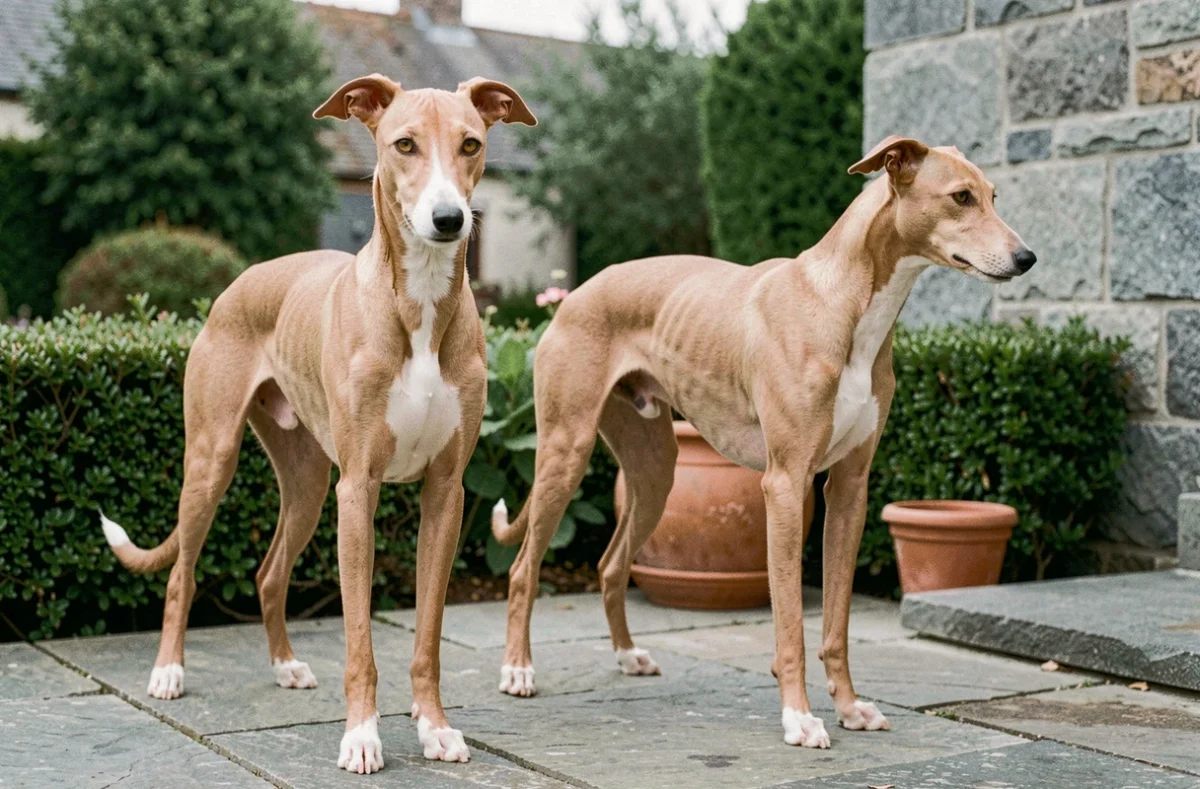 Deux Whippets élégants sur une terrasse en pierre aux abords de Rennes, illustrant l'élevage des Whippets de Roazhon spécialisé dans cette race unique