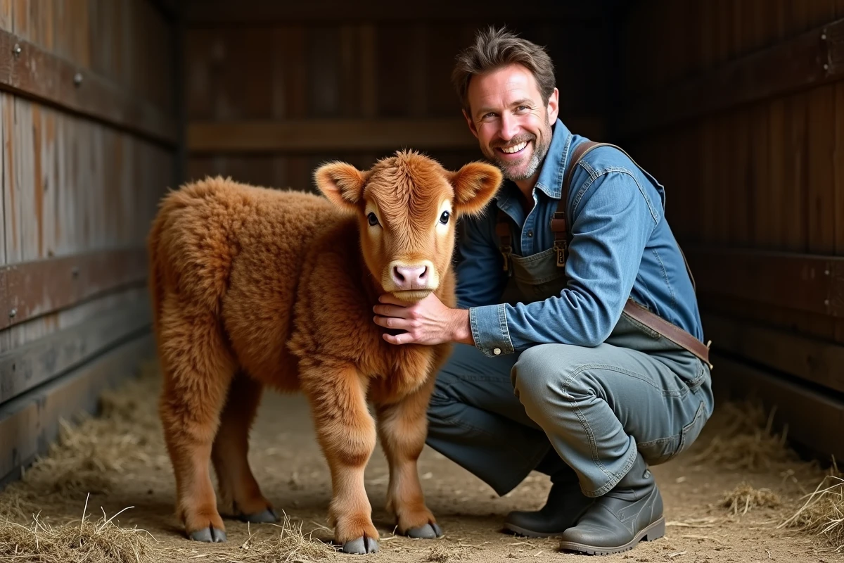 Éleveur accroupi aux côtés d'un veau Highland fluffy roux dans une étable en bois avec de la paille