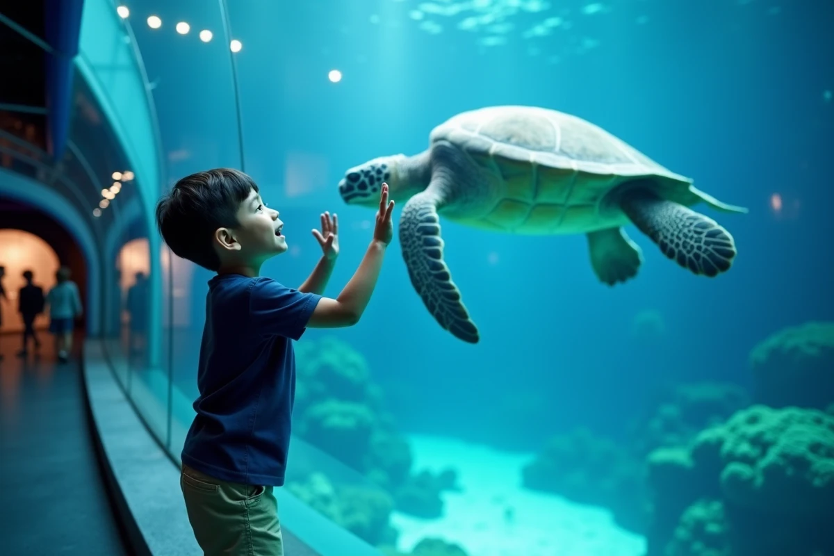 Enfant fasciné par une tortue marine dans un aquarium moderne