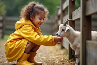 Jeune fille découvrant un bébé cabri dans une ferme pédagogique interactive