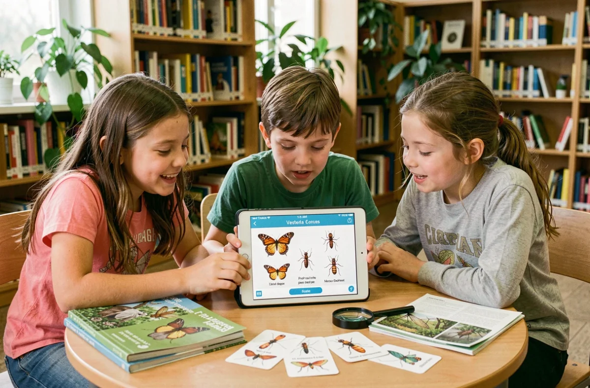 Enfants utilisant une application interactive d'identification des insectes sur tablette dans une bibliothèque scolaire