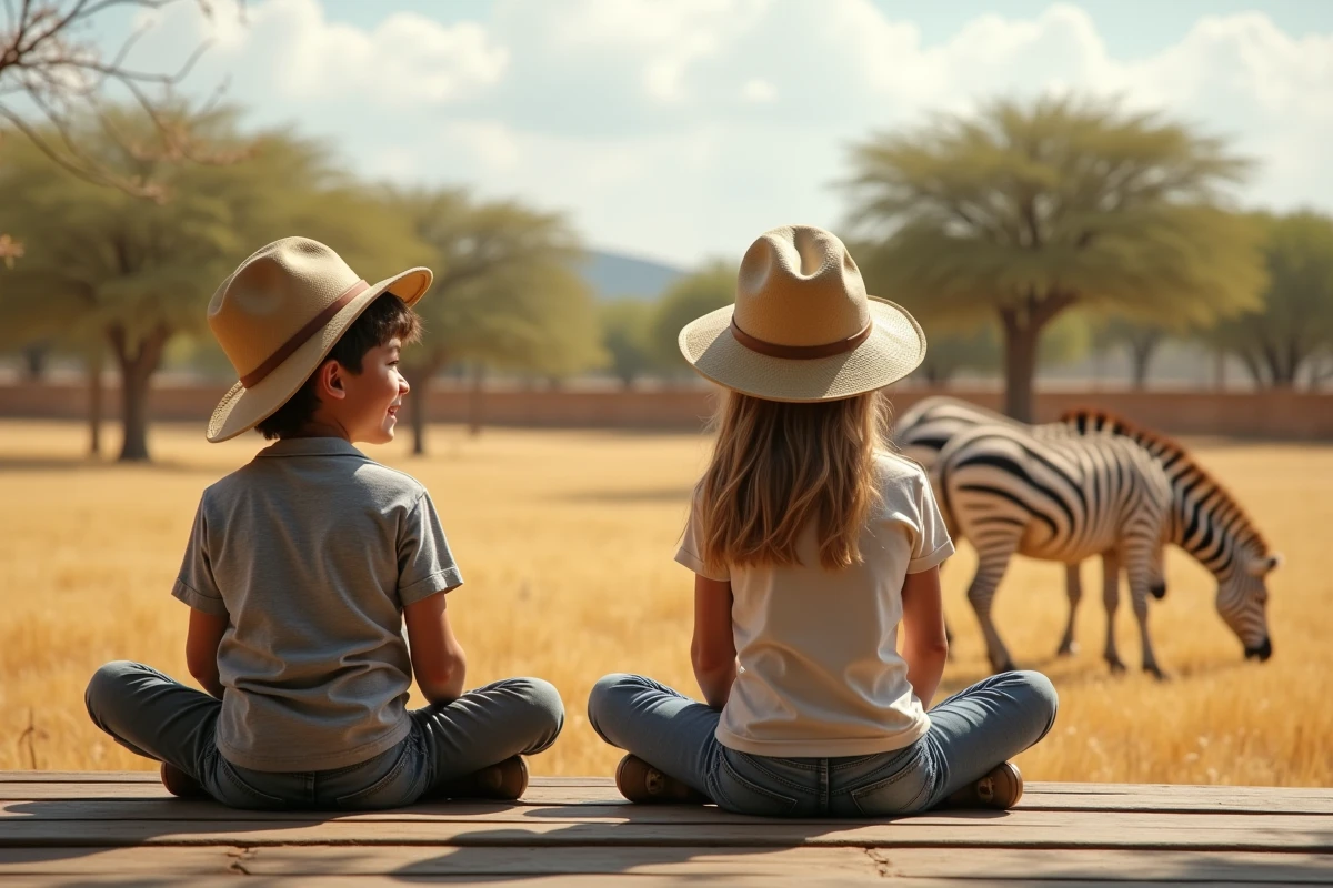 Deux enfants observant des zèbres depuis un poste d'observation dans un parc animalier