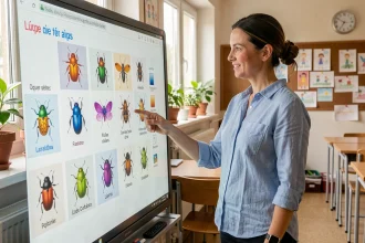 Enseignante présentant une ressource interactive sur les insectes avec noms en français sur un tableau numérique en classe primaire
