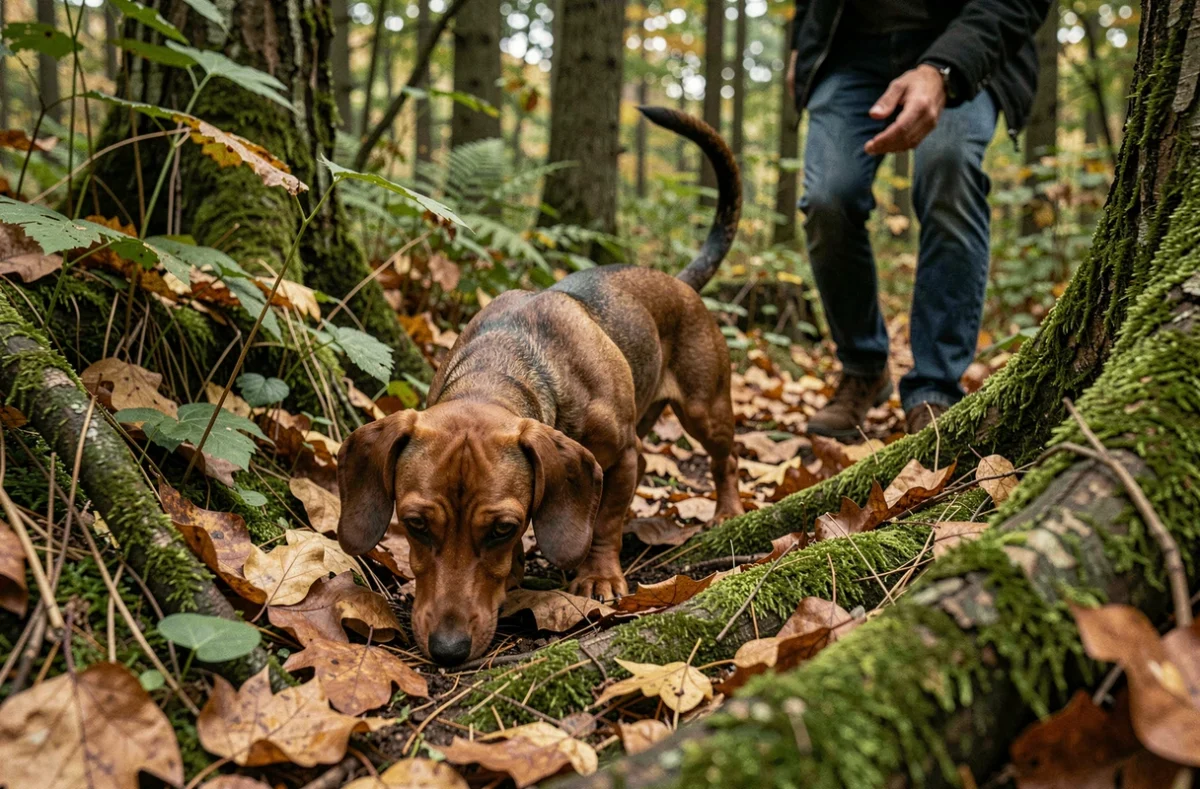 Un teckel qui suit une piste olfactive en forêt, ignorant totalement le rappel de son propriétaire