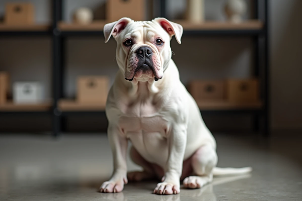 Exotic Bully à robe blanche assis dans un studio de toilettage moderne, visage plat et morphologie exotique en gros plan