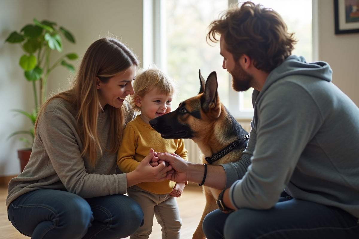 Famille interagissant avec un berger allemand dans un centre d adoption