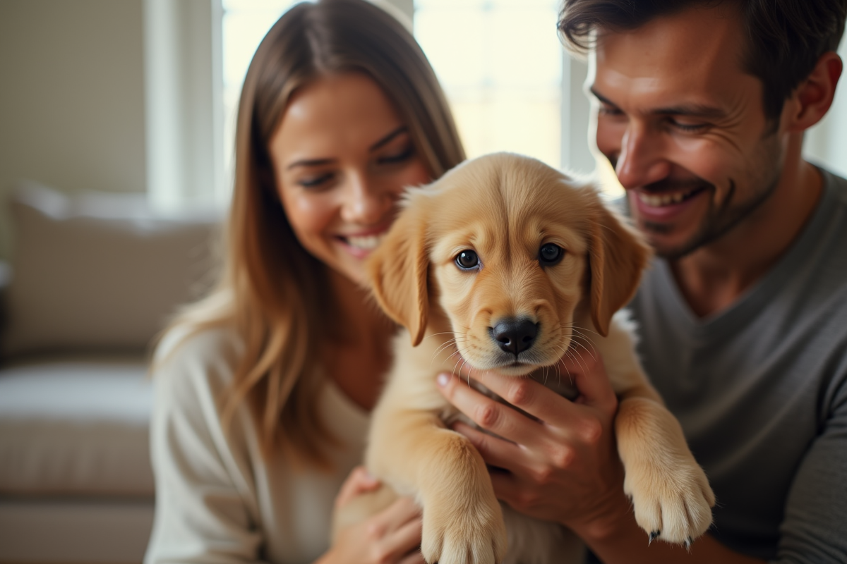 Famille tenant doucement un chiot golden retriever en intérieur