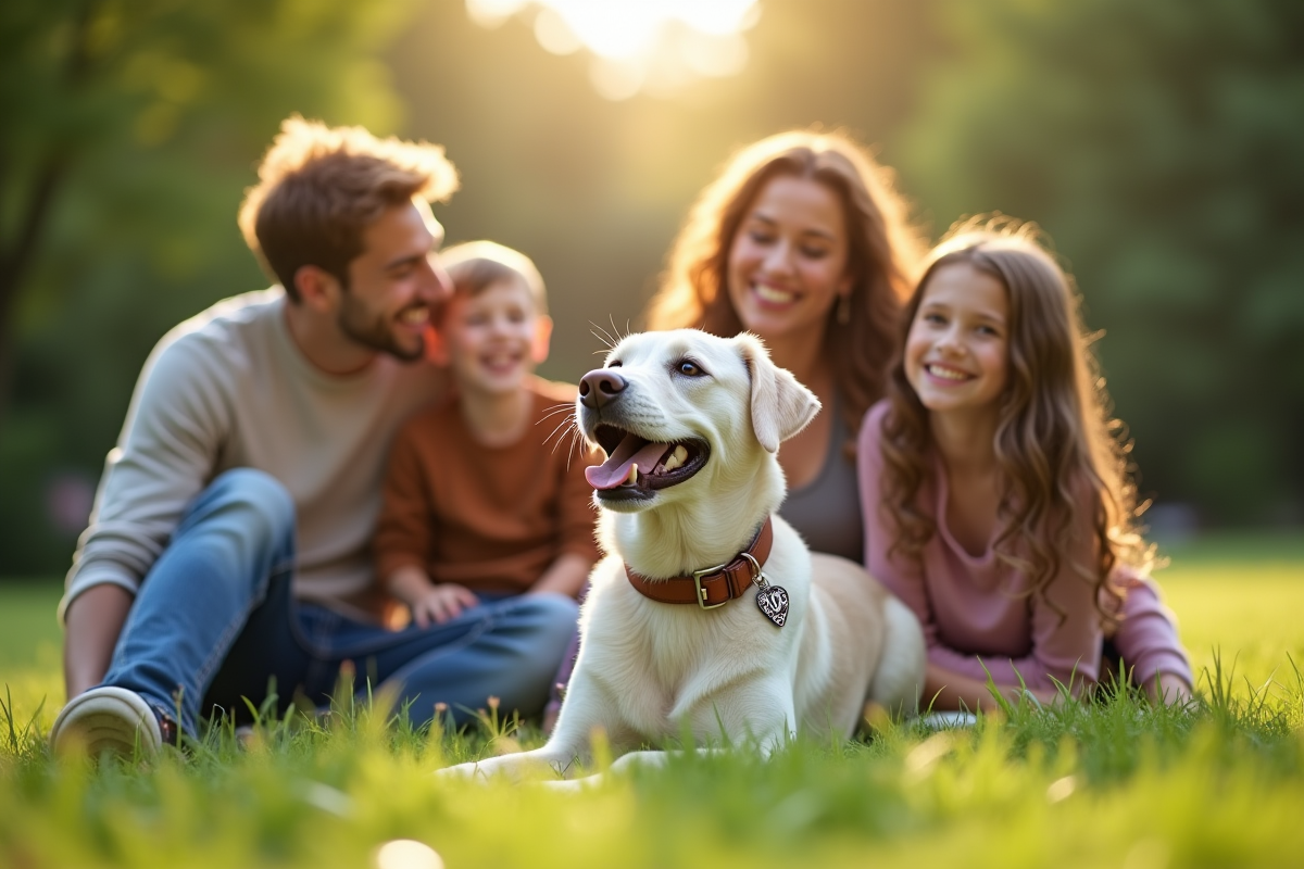 Famille heureuse avec chien dans un parc ensoleille