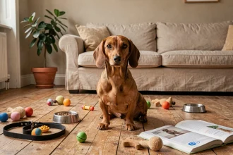 Un teckel assis entouré d'accessoires pour chien dans un appartement français, symbolisant les défis de l'adoption