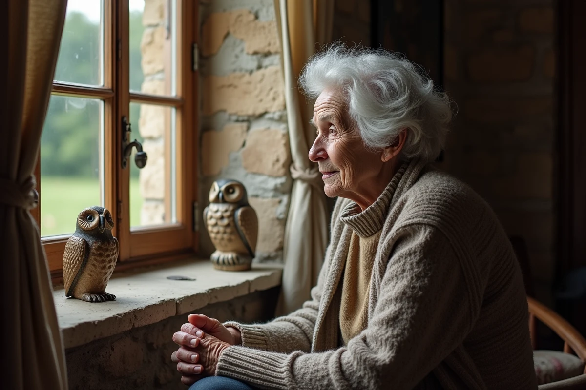 Femme âgée contemplative près d'une fenêtre avec une figurine de hibou, croyances populaires sur les oiseaux messagers de mort et superstitions rurales