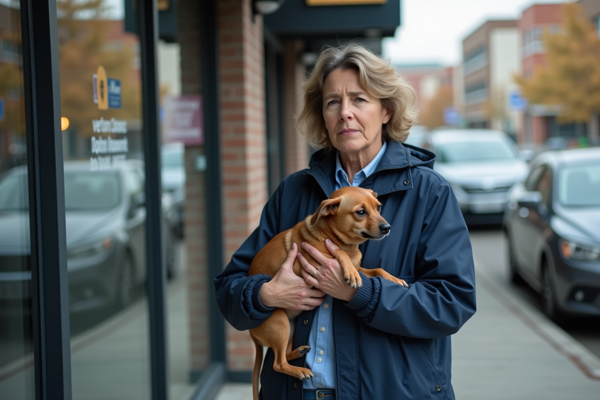Femme avec chien blessé devant la clinique vétérinaire