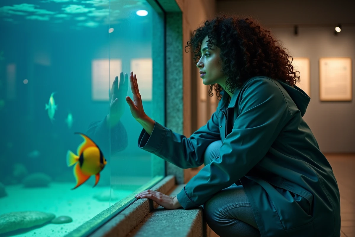 Une femme observe un poisson tropical à travers la vitre d'un aquarium, évoquant le lien unique entre Doris et les créatures marines