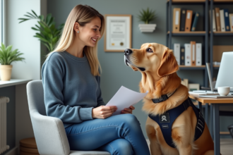 Femme souriante avec chien d'assistance dans un bureau français