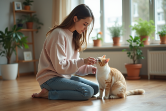 Jeune femme caressant un chat dans un appartement moderne