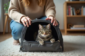 Jeune femme avec chat dans un sac de transport moderne