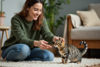 Femme en jean et pull vert caressant un chat hissant