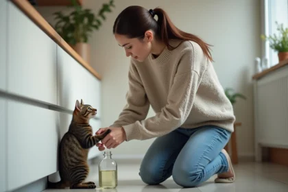Jeune femme avec chat tabby dans la cuisine