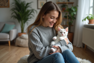 Femme souriante avec chaton Bengal blanc dans les bras