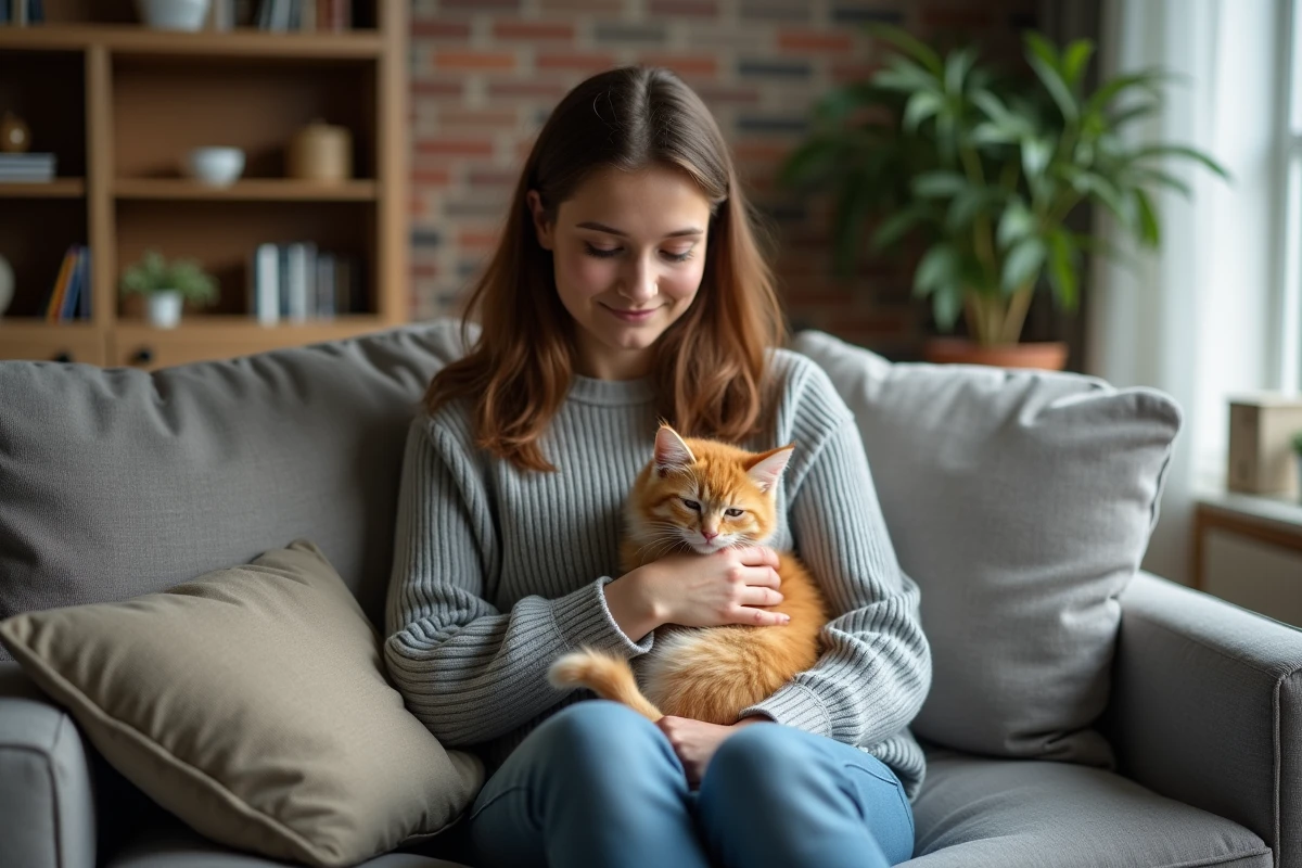 Femme tenant un chaton ginger sur un canapé