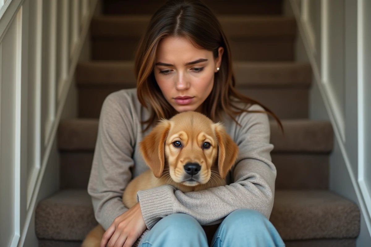 Femme tenant un chiot golden retriever dans ses bras à la maison