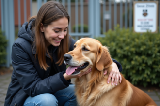 Jeune femme caressant un chien golden retriever devant refuge