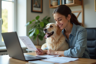 Jeune femme souriante avec son chien devant un ordinateur pour l'assurance santé