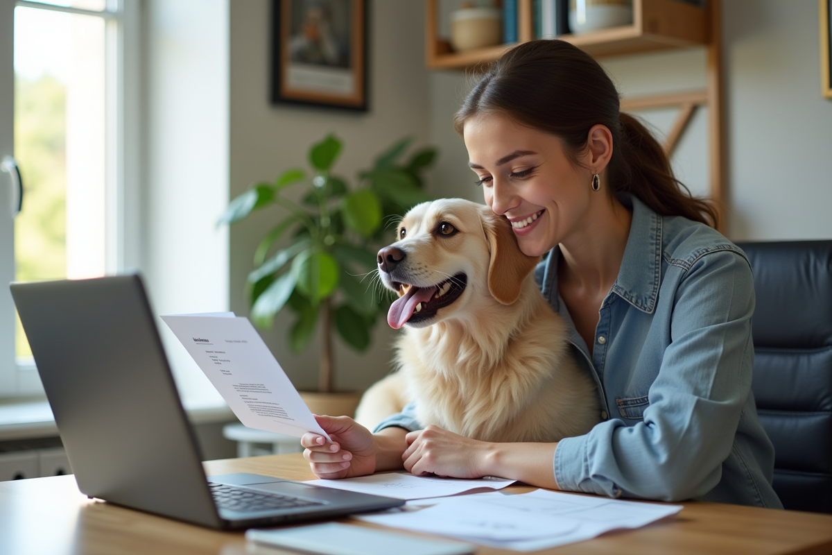 Jeune femme souriante avec son chien devant un ordinateur pour l'assurance santé