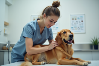 Jeune femme rassure un chien dans une clinique vétérinaire