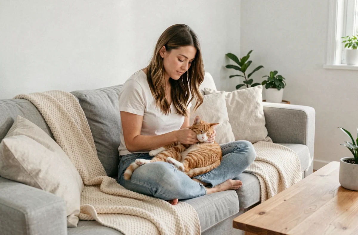 Femme jeune caressant un chat roux détendu sur ses genoux dans un salon scandinave, illustrant les conseils bien-être pour apaiser un chat stressé ou agressif