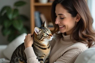 Femme avec chat regardant ses pupilles dilatees