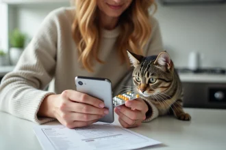 Femme examinant une plaquette de médicaments avec son chat