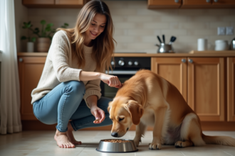 Femme donnant des croquettes à son chien dans la cuisine