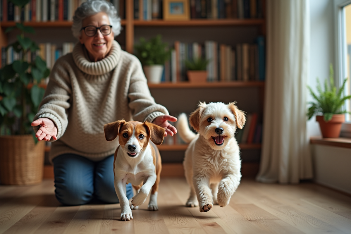 Une femme âgée joue avec deux chiens dans une maison chaleureuse