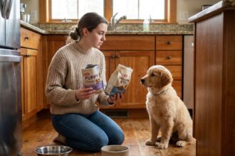 Jeune femme compare deux sacs de nourriture pour chiots dans la cuisine