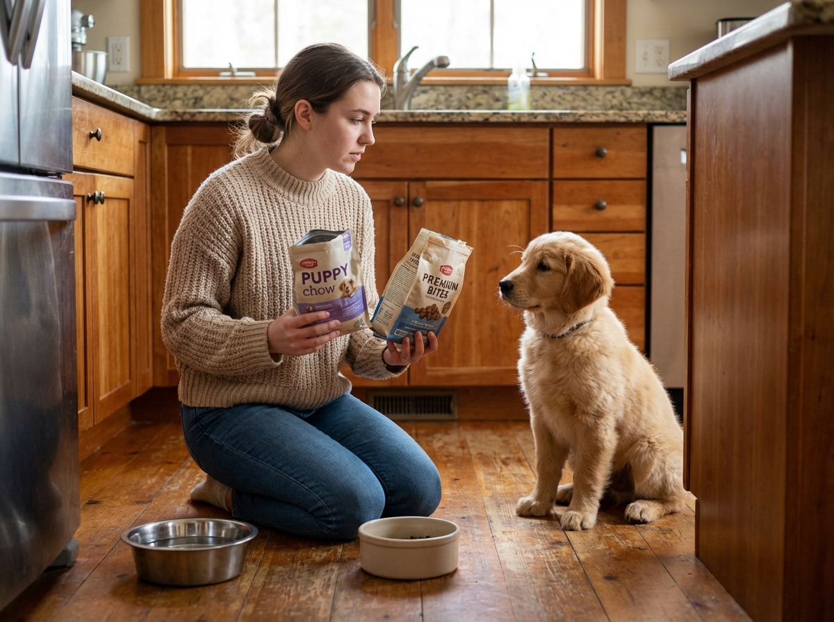 Jeune femme compare deux sacs de nourriture pour chiots dans la cuisine