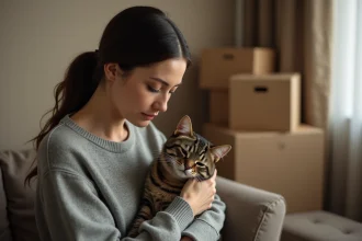 Femme tenant tendrement son chat tigré avant de le confier à une association, dans un appartement en cours de déménagement