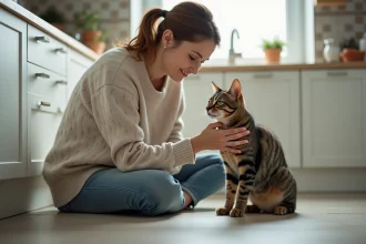 Femme réconfortant son chat dans la cuisine lumineuse