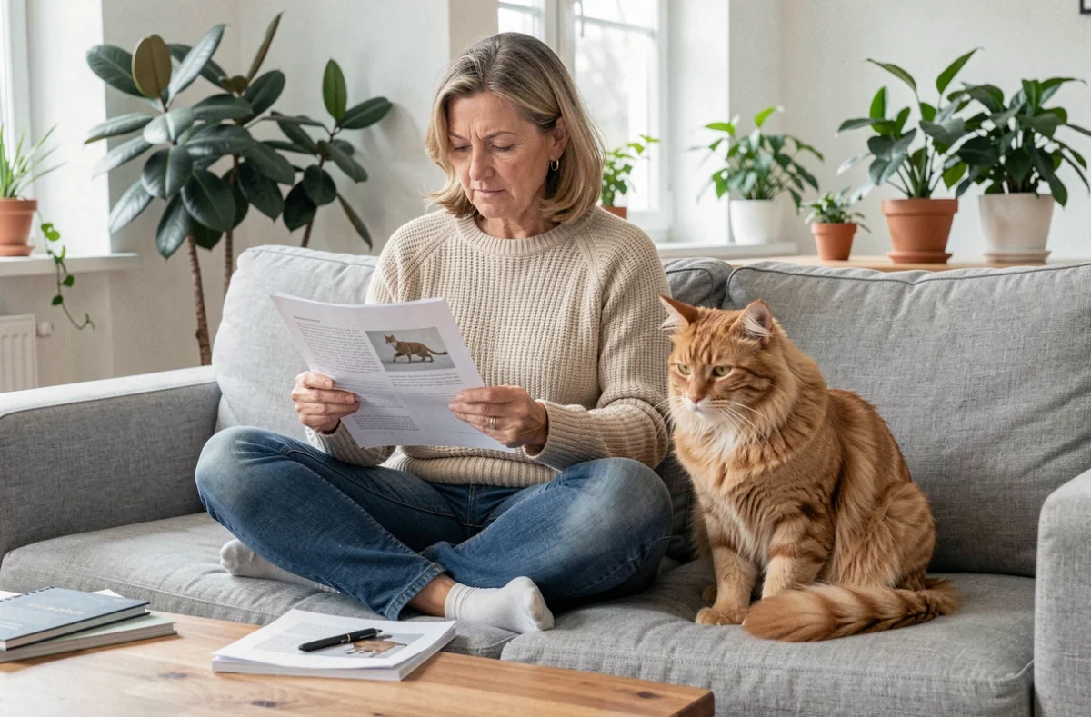 Femme consultant un dossier spécial sur les problèmes de comportement de son chat dans son salon