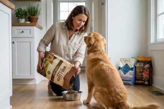 Femme versant des croquettes classiques dans la gamelle de son chien golden retriever dans une cuisine moderne