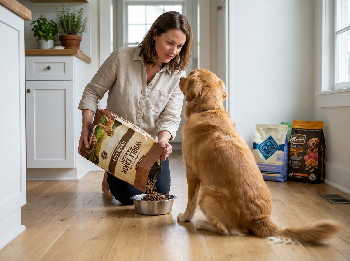 Femme versant des croquettes classiques dans la gamelle de son chien golden retriever dans une cuisine moderne