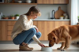 Femme en cuisine offrant de la nourriture à son chien golden retriever