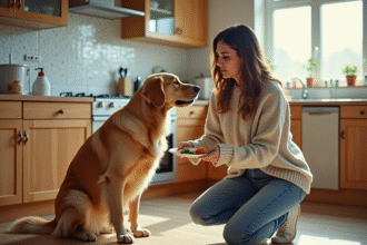 Femme en cuisine avec son chien curieux regardant la nourriture