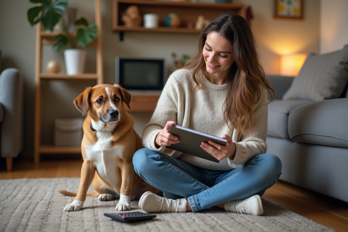 Jeune femme avec chien dans un salon chaleureux